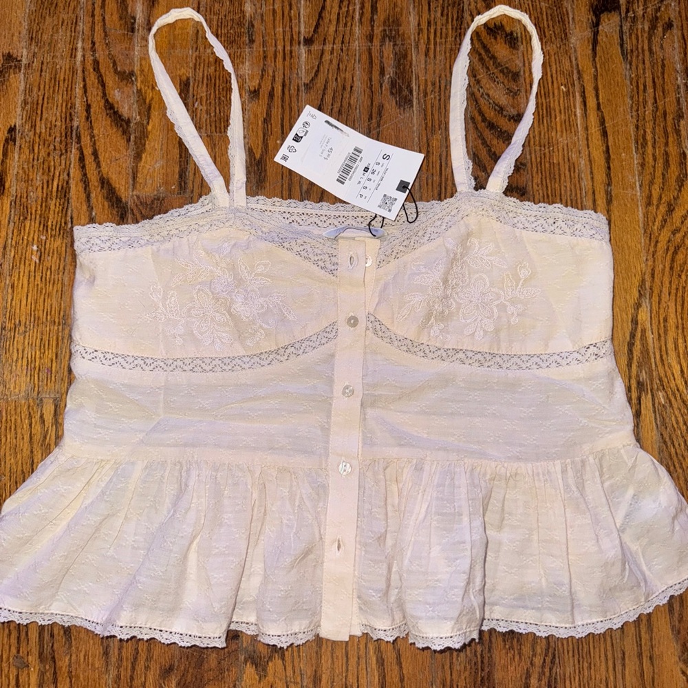 Zara Lace Trimmed light pink Button-Up Top - size S - NWT